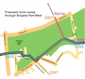 Map of Burgess Park West cycle routes