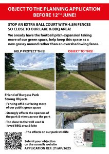 Poster showing image of high fencing around basketball court before and after