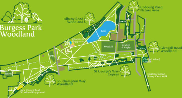 Woodland areas indicated on Burgess Park map