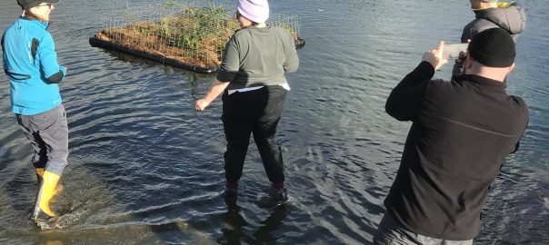 Floating island and volunteers who have helped assemble.