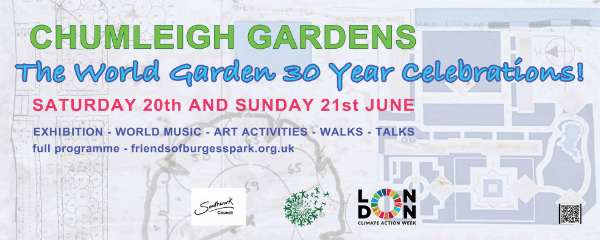 Banner for Chumleigh Gardens 30 year celebrations for Friends of Burgess Park