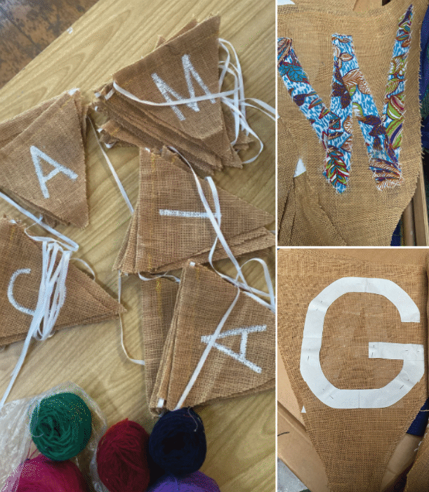 Three photos of letters sewn onto hessian bunting.