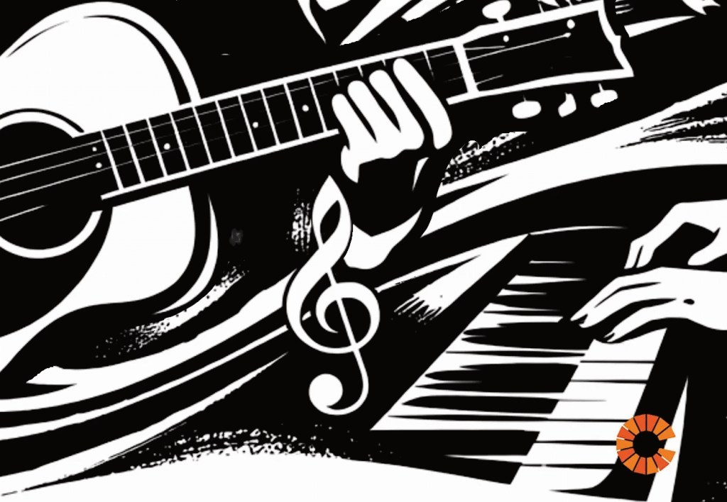 Black and white drawing showing a guitar and piano keys representing JazzLIve at the Crypt community