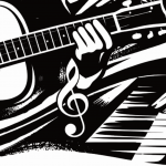 Black and white drawing showing a guitar and piano keys representing JazzLIve at the Crypt community