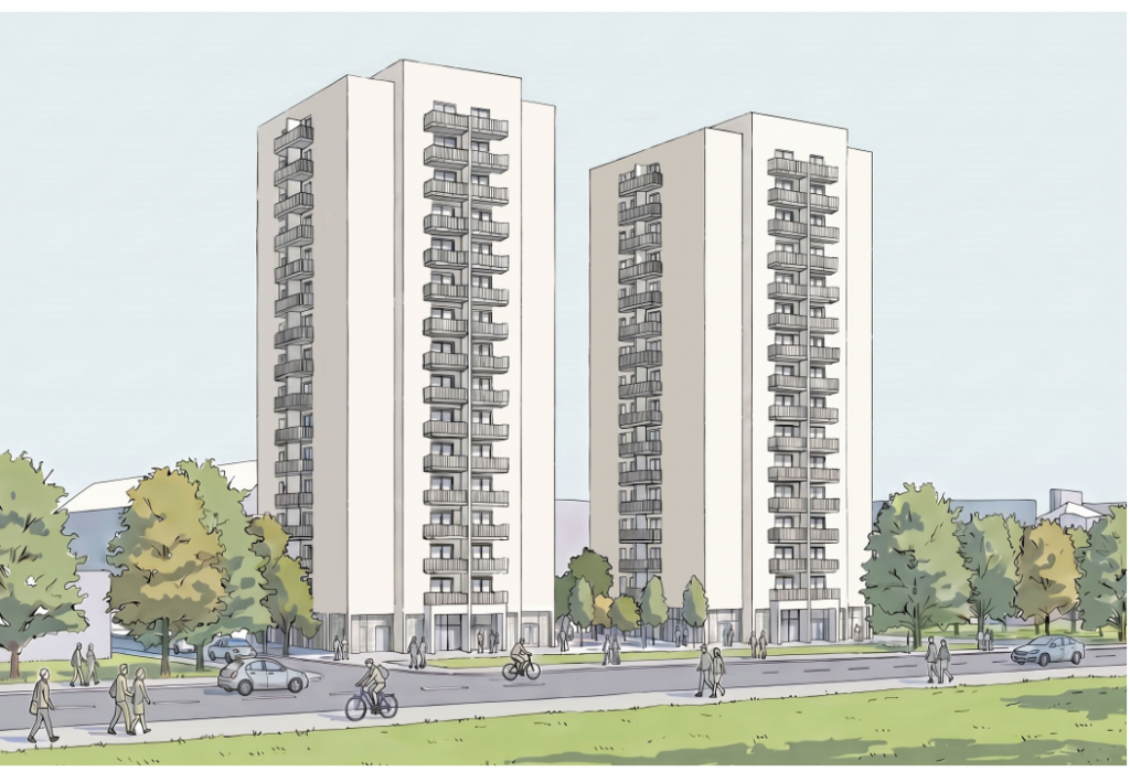 Architects drawing of two tower blocks with trees and road in front
