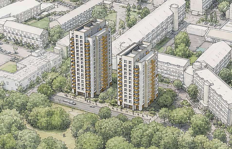 Artists impression of the new towers proposed showing the height in relation to buildings near by.